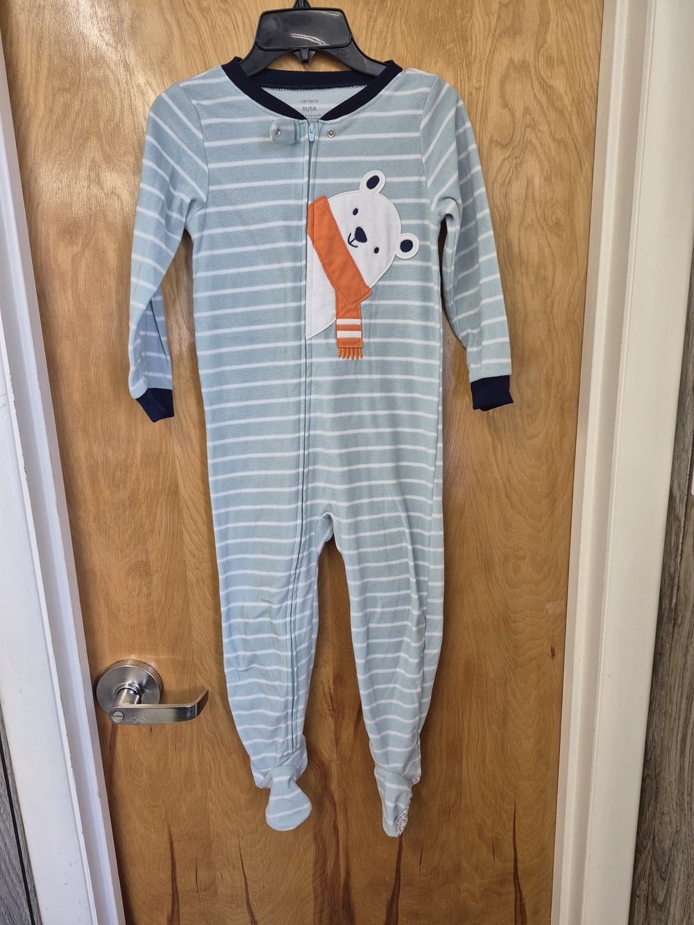 Carter's Light Blue & White Striped Footed One-Piece with Bear Applique